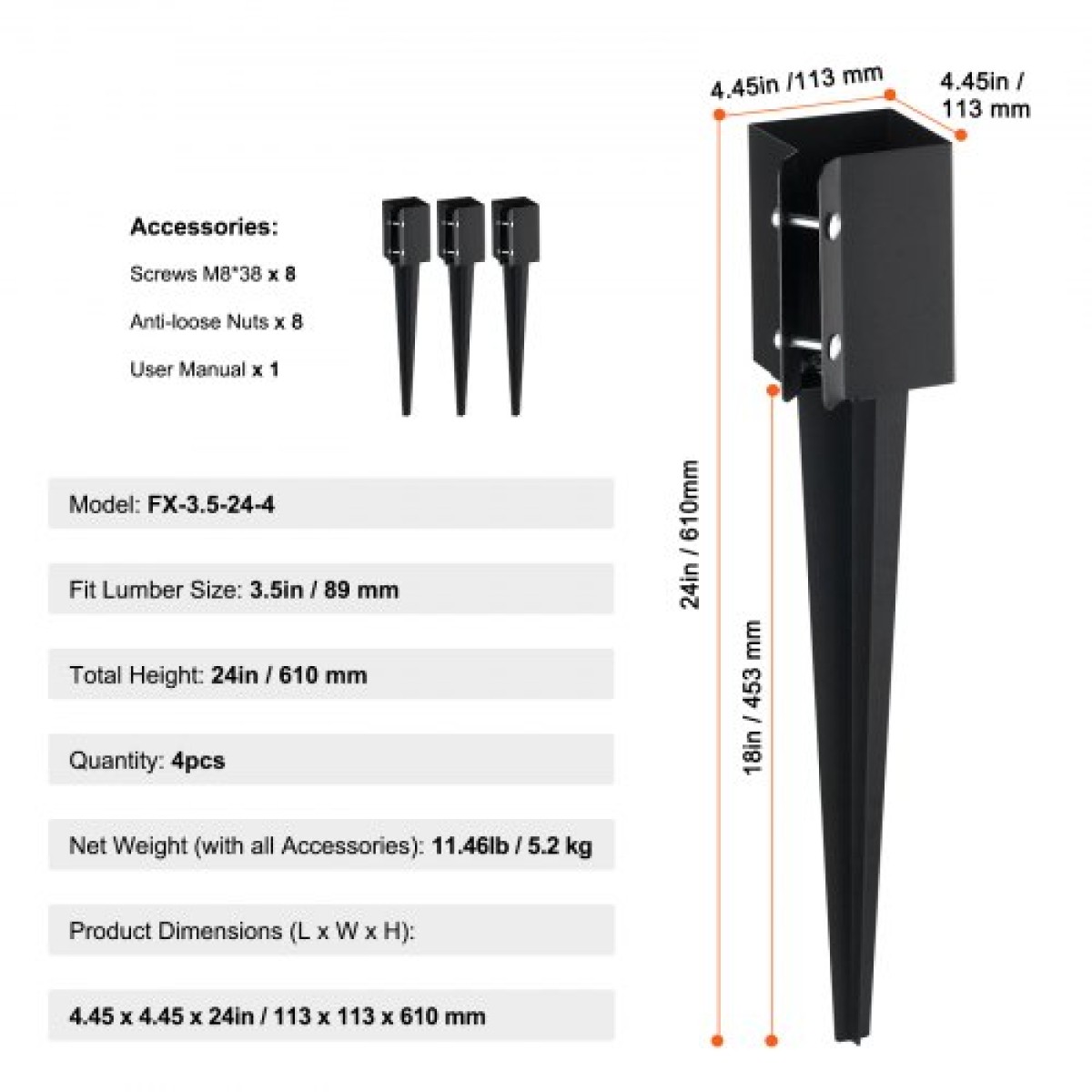VEVOR Fence Post Anchor Ground Spike, 4 πακέτο 24 x 4 x 4 ίντσες εξωτερική διάμετρος (εσωτερική διάμετρος 3,5 x 3,5 ίντσες), μεταλλική μαύρη σκόνη με επίστρωση πάσσαλου, για κιγκλίδωμα κήπου κατάστρωμα γραμματοκιβωτίου
