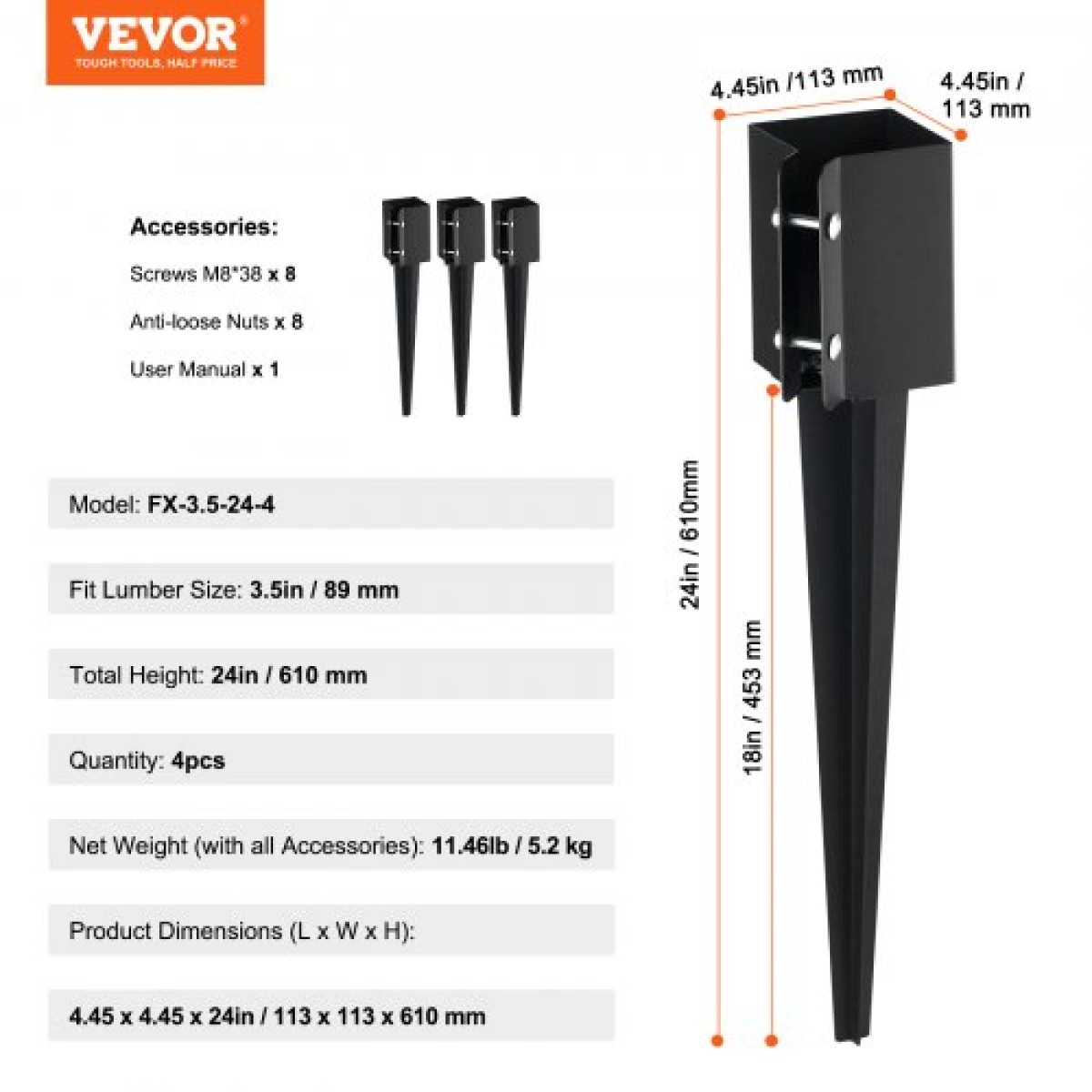 VEVOR Fence Post Anchor Ground Spike, 4 πακέτο 24 x 4 x 4 ίντσες εξωτερική διάμετρος (εσωτερική διάμετρος 3,5 x 3,5 ίντσες), μεταλλική μαύρη σκόνη με επίστρωση πάσσαλου, για κιγκλίδωμα κήπου κατάστρωμα γραμματοκιβωτίου