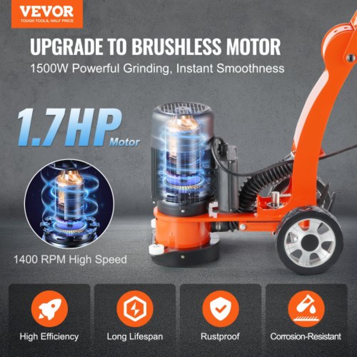 Μύλος δαπέδου σκυροδέματος VEVOR 7"/17,8 cm Walk-Behind Polisher 2,0HP Adjustable Machine