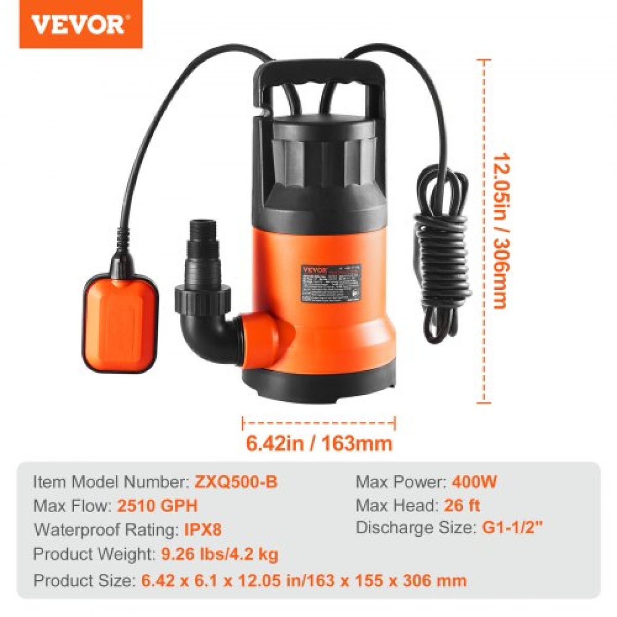 VEVOR Submersible Utility Pump Pump Pump Pump 400W 2510 GPH/9506 LPH 26 ft/7,9 m Head Water Pump