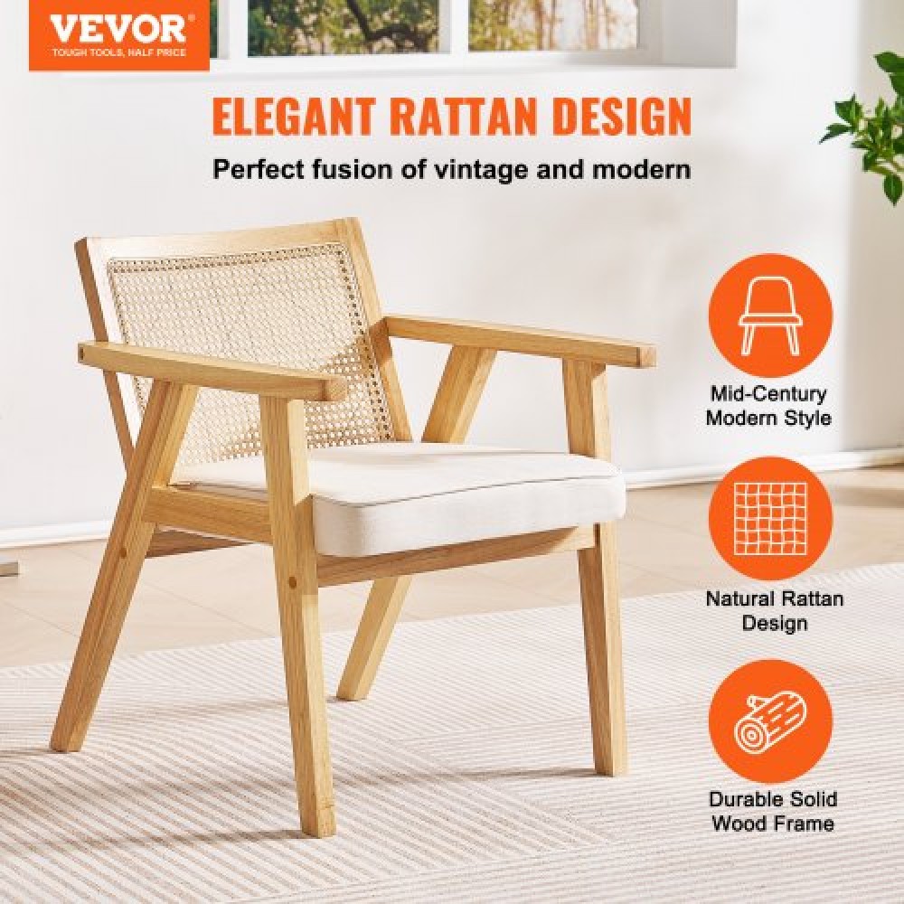 VEVOR Rattan Chair, Mid Century Modern Dining Chair with Armrest, Upholstered Chair with Rattan Back, Retro Rattan Dining Room Kitchen Chair for Living Room, Bedroom, Reading Room, and Office, Beige