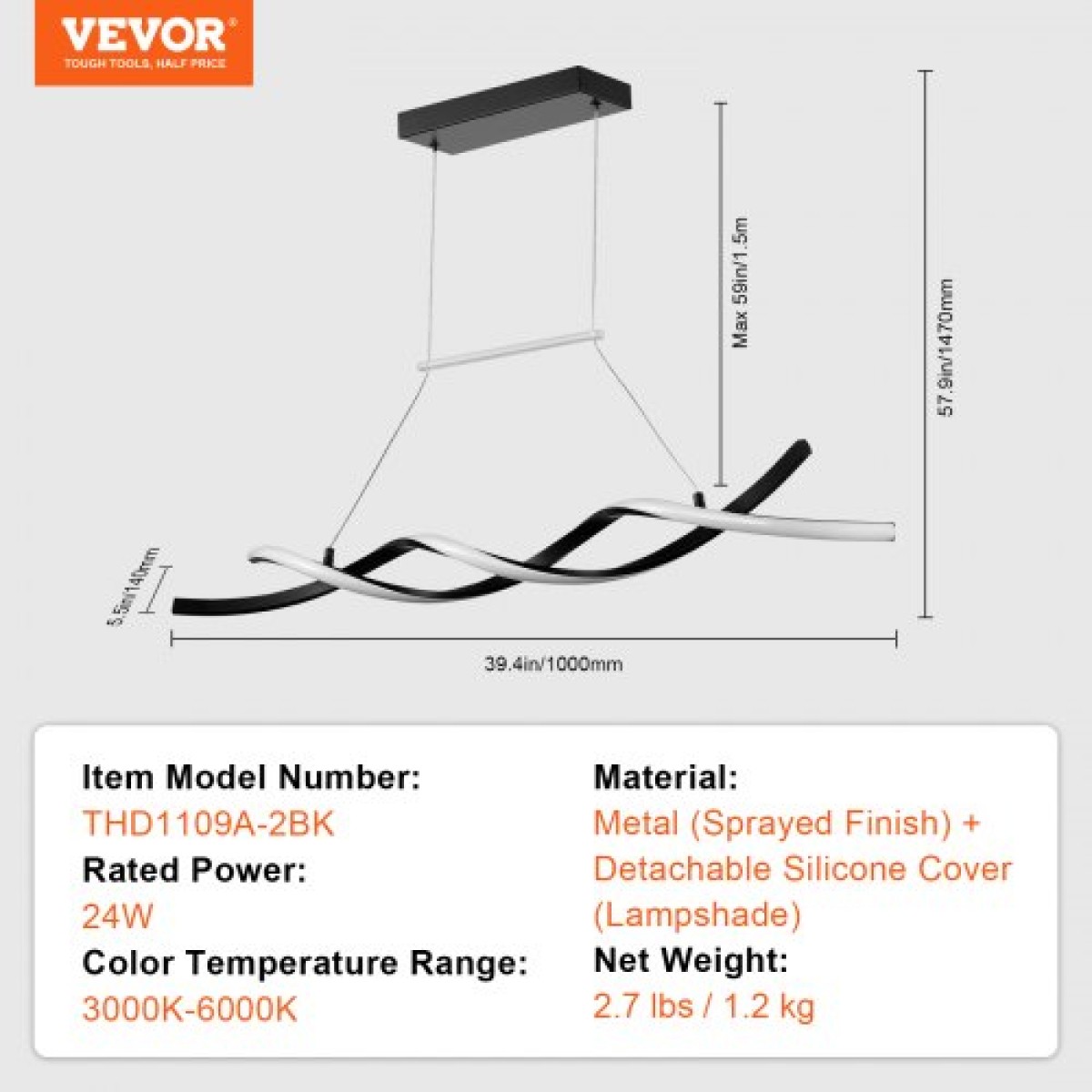 Φωτιστικά VEVOR Modern Chandelier, 24W, ρυθμιζόμενο φωτιστικό LED κρεμαστό με τηλεχειριστήριο αμπαζούρ σιλικόνης, ρυθμιζόμενο φωτιστικό οροφής φωτεινότητας θερμοκρασίας χρώματος 3000K-6000K για τραπεζαρία κουζίνας