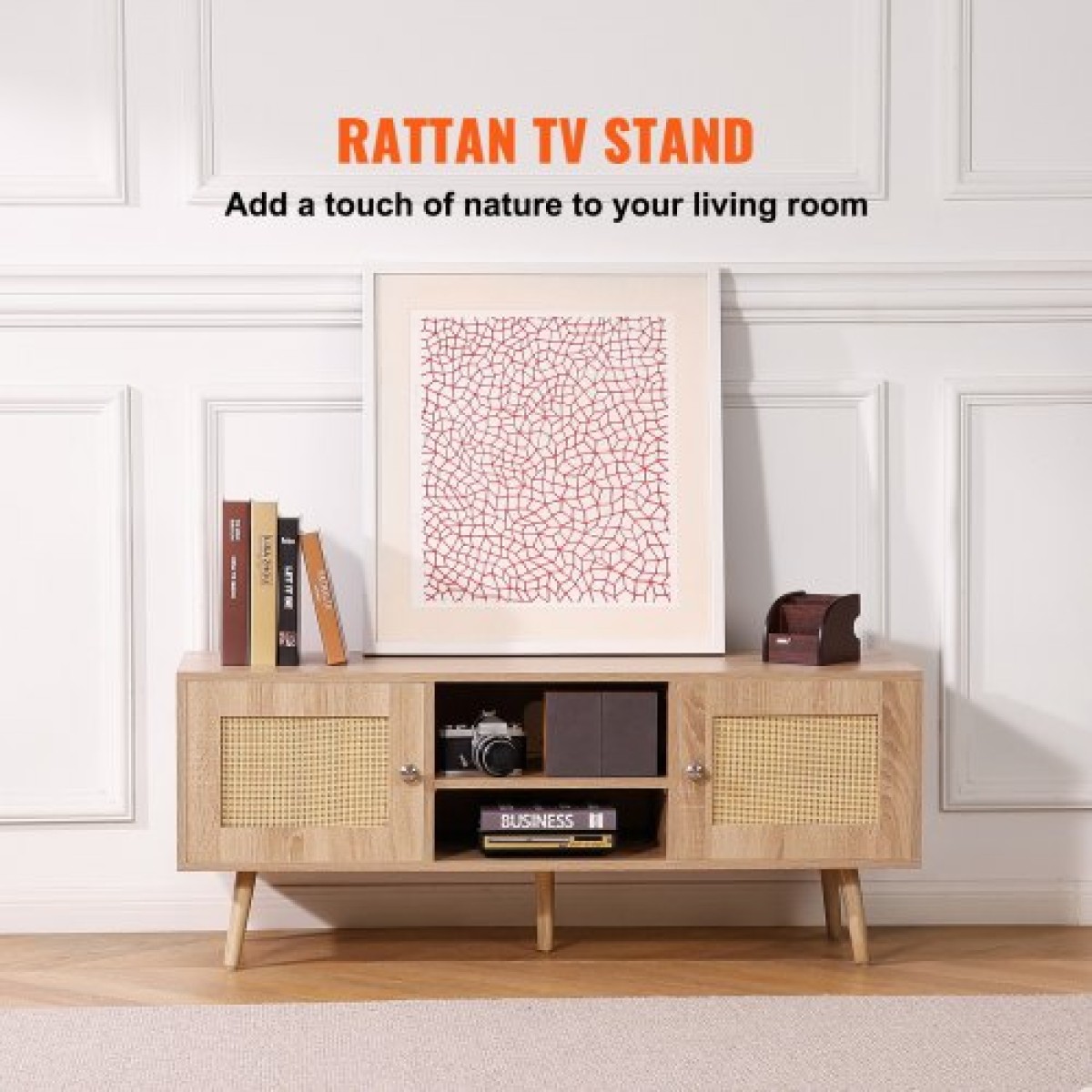 Βάση τηλεόρασης VEVOR Rattan, Ντουλάπι τηλεόρασης Boho για τηλεόραση 55 ιντσών, μοντέρνα βάση τηλεόρασης Mid Century, Κονσόλα τηλεόρασης Rattan με ρυθμιζόμενα ράφια για σαλόνι, αίθουσα πολυμέσων, δρυς