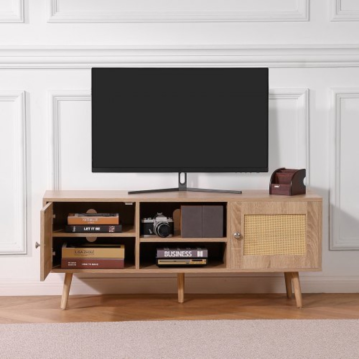Βάση τηλεόρασης VEVOR Rattan, Ντουλάπι τηλεόρασης Boho για τηλεόραση 55 ιντσών, μοντέρνα βάση τηλεόρασης Mid Century, Κονσόλα τηλεόρασης Rattan με ρυθμιζόμενα ράφια για σαλόνι, αίθουσα πολυμέσων, δρυς