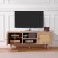 Βάση τηλεόρασης VEVOR Rattan, Ντουλάπι τηλεόρασης Boho για τηλεόραση 55 ιντσών, μοντέρνα βάση τηλεόρασης Mid Century, Κονσόλα τηλεόρασης Rattan με ρυθμιζόμενα ράφια για σαλόνι, αίθουσα πολυμέσων, δρυς