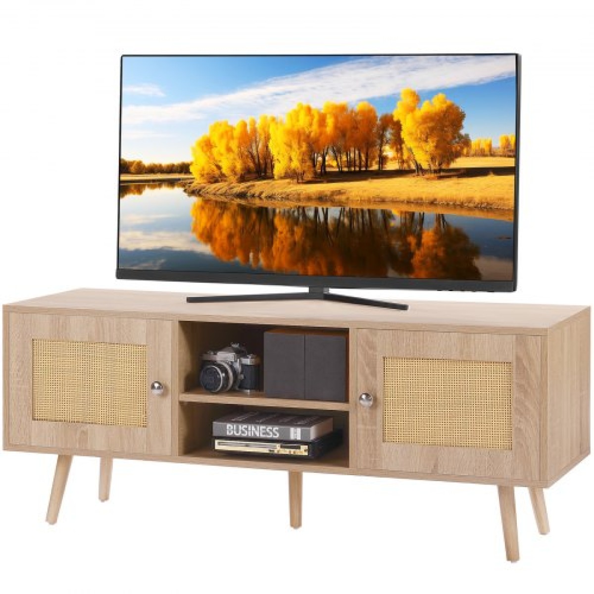Βάση τηλεόρασης VEVOR Rattan, Ντουλάπι τηλεόρασης Boho για τηλεόραση 55 ιντσών, μοντέρνα βάση τηλεόρασης Mid Century, Κονσόλα τηλεόρασης Rattan με ρυθμιζόμενα ράφια για σαλόνι, αίθουσα πολυμέσων, δρυς