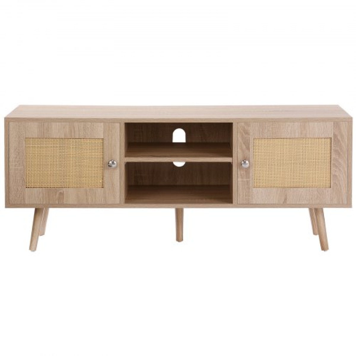 Βάση τηλεόρασης VEVOR Rattan, Ντουλάπι τηλεόρασης Boho για τηλεόραση 55 ιντσών, μοντέρνα βάση τηλεόρασης Mid Century, Κονσόλα τηλεόρασης Rattan με ρυθμιζόμενα ράφια για σαλόνι, αίθουσα πολυμέσων, δρυς