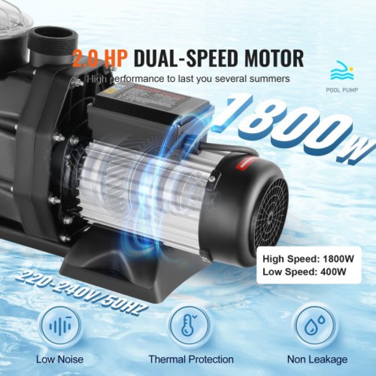 VEVOR 1500 W(2HP) Αντλία Υπέργειας Πισίνας, 220V-240V, 1450 / 2860 RPM Αντλία διπλής ταχύτητας 1800W, 33000 L/H Μέγ.Ισχυρή αντλία ροής, αντλία πισίνας εξοικονόμησης ενέργειας για πάνω από το έδαφος πισίνα, Πιστοποίηση CE