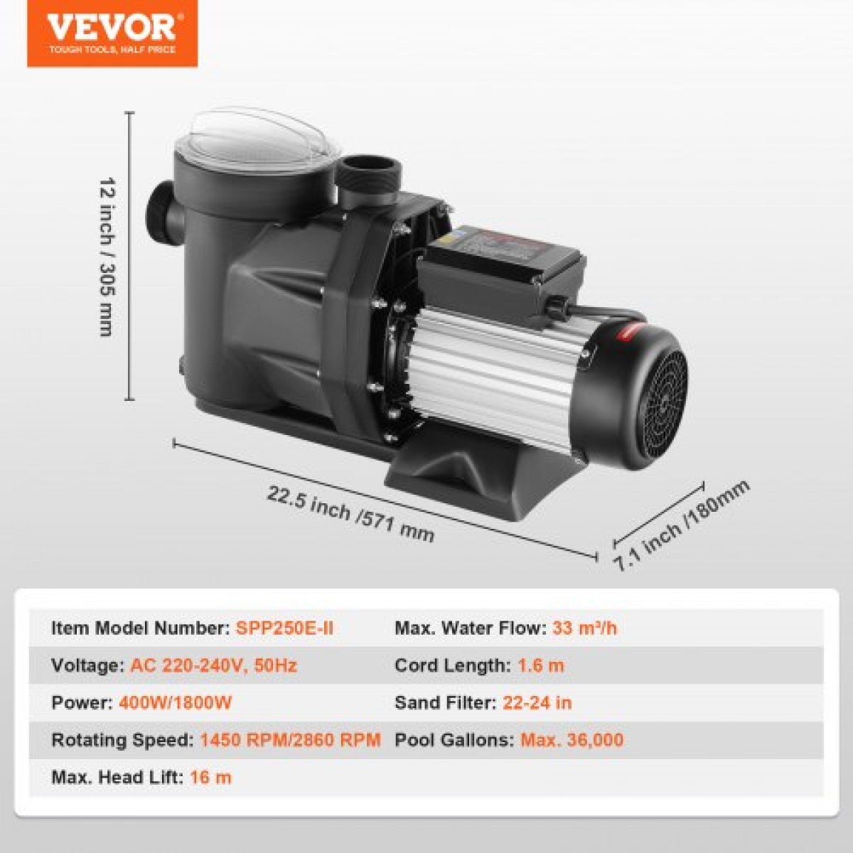 VEVOR 1500 W(2HP) Αντλία Υπέργειας Πισίνας, 220V-240V, 1450 / 2860 RPM Αντλία διπλής ταχύτητας 1800W, 33000 L/H Μέγ.Ισχυρή αντλία ροής, αντλία πισίνας εξοικονόμησης ενέργειας για πάνω από το έδαφος πισίνα, Πιστοποίηση CE