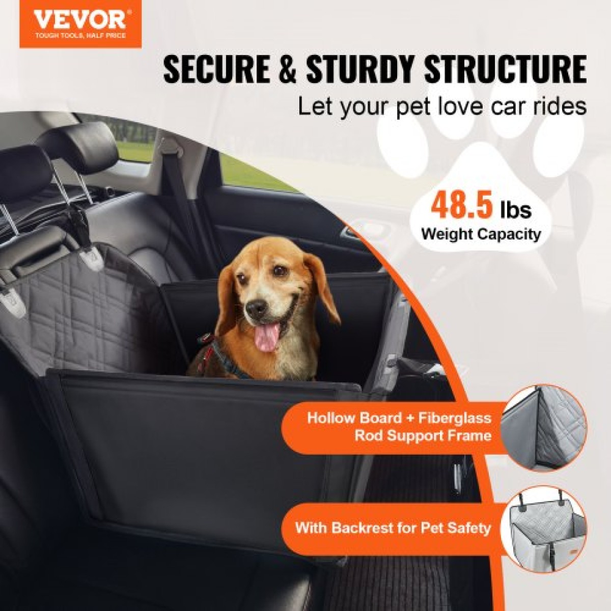 Κάθισμα αυτοκινήτου VEVOR Dog, Αδιάβροχο ενισχυτικό κάθισμα για αυτοκίνητο με πλαίσιο στήριξης, κάθισμα αυτοκινήτου για κατοικίδια με λουρί ασφαλείας με κλιπ, κρεβάτι αυτοκινήτου σκύλου για μικρό, μεσαίο και μεγάλο σκύλο έως 48,5 λίβρες, Μαύρο