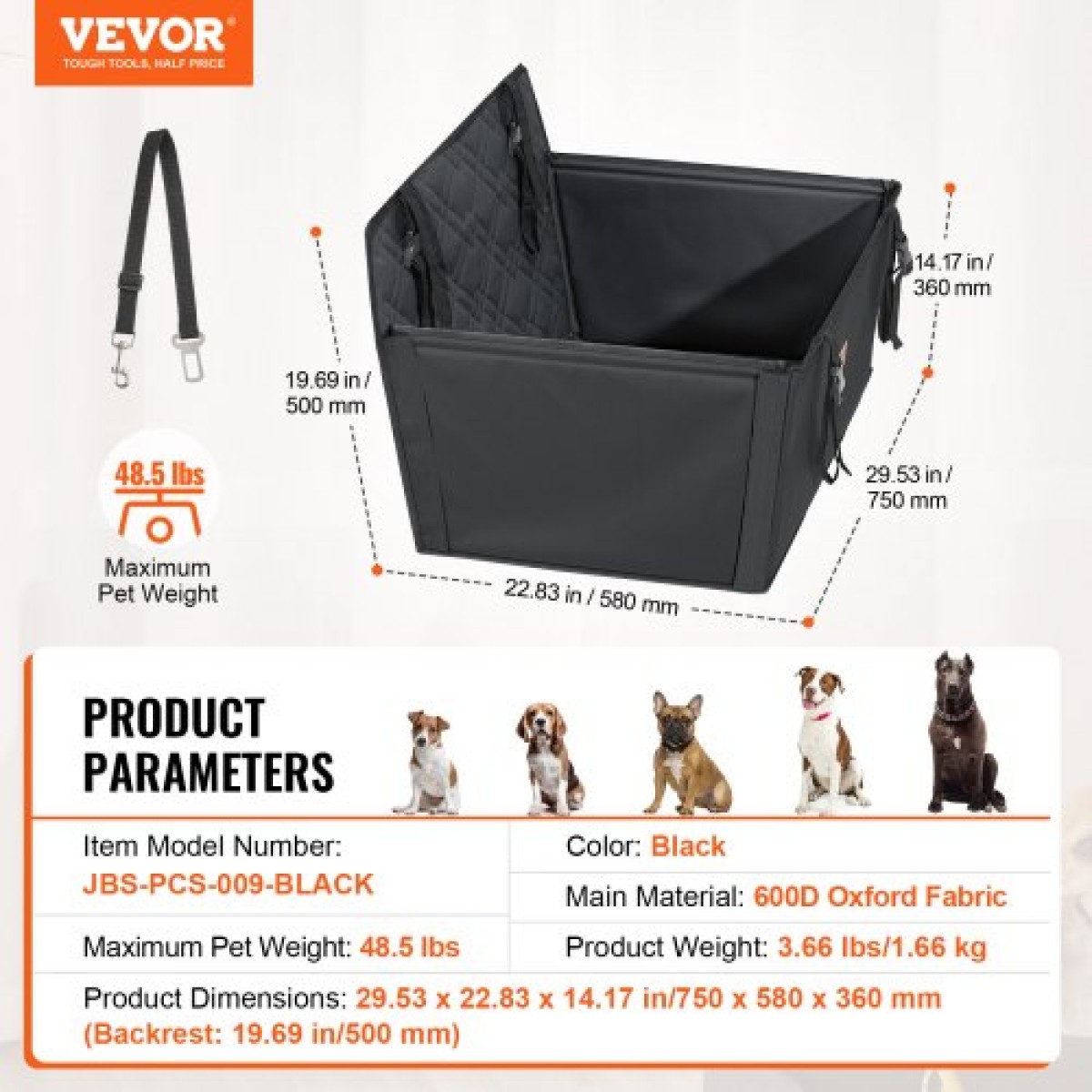 Κάθισμα αυτοκινήτου VEVOR Dog, Αδιάβροχο ενισχυτικό κάθισμα για αυτοκίνητο με πλαίσιο στήριξης, κάθισμα αυτοκινήτου για κατοικίδια με λουρί ασφαλείας με κλιπ, κρεβάτι αυτοκινήτου σκύλου για μικρό, μεσαίο και μεγάλο σκύλο έως 48,5 λίβρες, Μαύρο