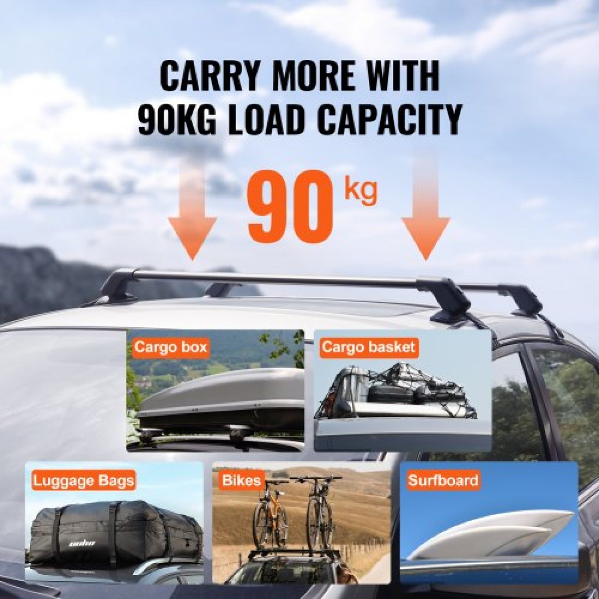 VEVOR Universal Roof Rack Cross Bars, Thickened Roof Rack Crossbars, Fit Roof With Side Rail, 70KG Loadity, Ρυθμιζόμενες ράβδοι γυμνής οροφής με κλειδαριές, για SUV, Sedan και Van