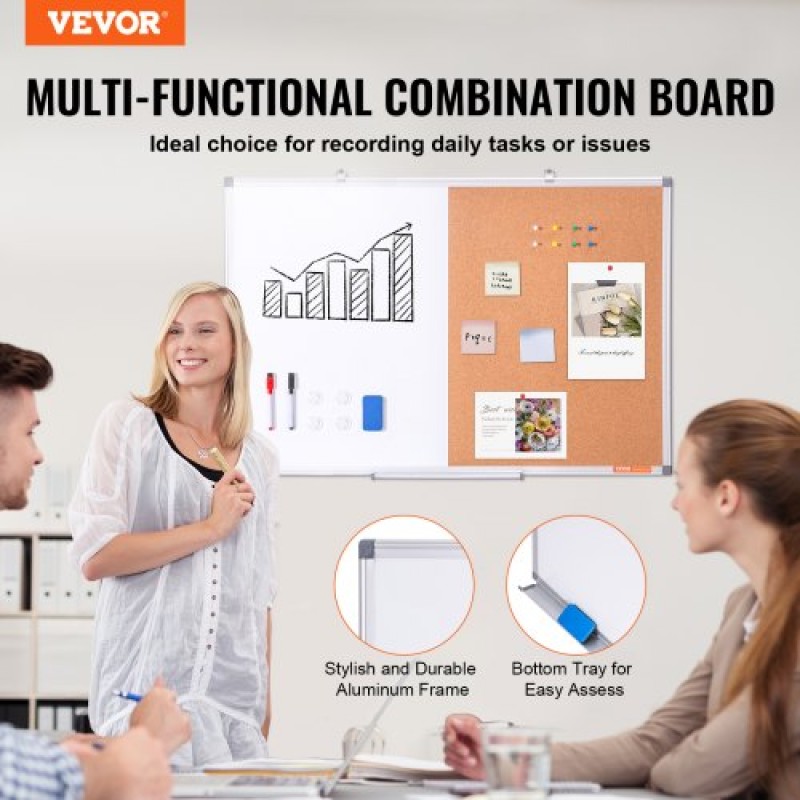 VEVOR 36" x 24" Whiteboard & Cork Combo με πλαίσιο αλουμινίου – Μαγνητικός πίνακας ανακοινώσεων 2 σε 1 Dry Dry Erase για βάση τοίχου – Ιδανικό για σχολείο, σπίτι, γραφείο