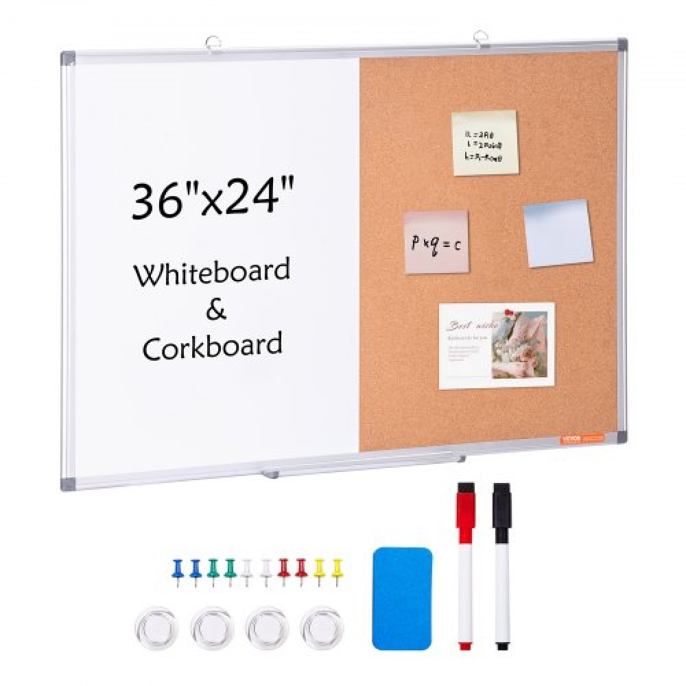 VEVOR 36" x 24" Whiteboard & Cork Combo με πλαίσιο αλουμινίου – Μαγνητικός πίνακας ανακοινώσεων 2 σε 1 Dry Dry Erase για βάση τοίχου – Ιδανικό για σχολείο, σπίτι, γραφείο