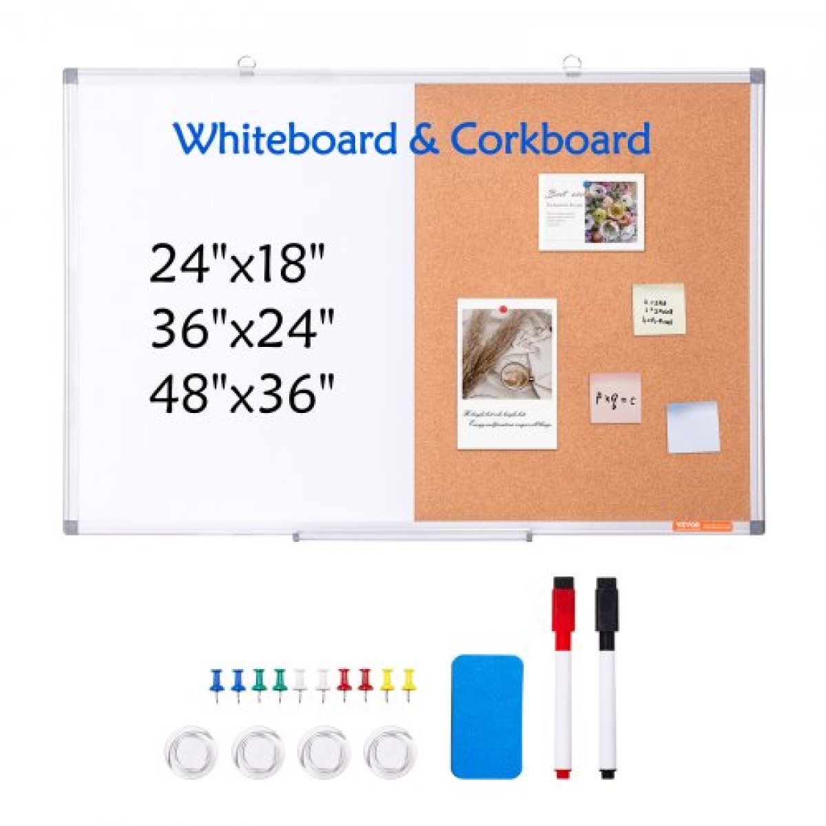 VEVOR 36" x 24" Whiteboard & Cork Combo με πλαίσιο αλουμινίου – Μαγνητικός πίνακας ανακοινώσεων 2 σε 1 Dry Dry Erase για βάση τοίχου – Ιδανικό για σχολείο, σπίτι, γραφείο