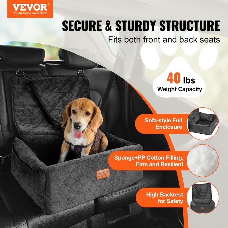 Κάθισμα αυτοκινήτου VEVOR Dog, Dog Booster Seat για αυτοκίνητο με τσέπη αποθήκευσης, λουρί ασφαλείας με κλιπ, γέμιση από σφουγγάρι και PP βαμβακερό, κρεβάτι αυτοκινήτου σκύλου για μικρό και μεσαίο σκύλο έως 40 λίβρες, Μαύρο