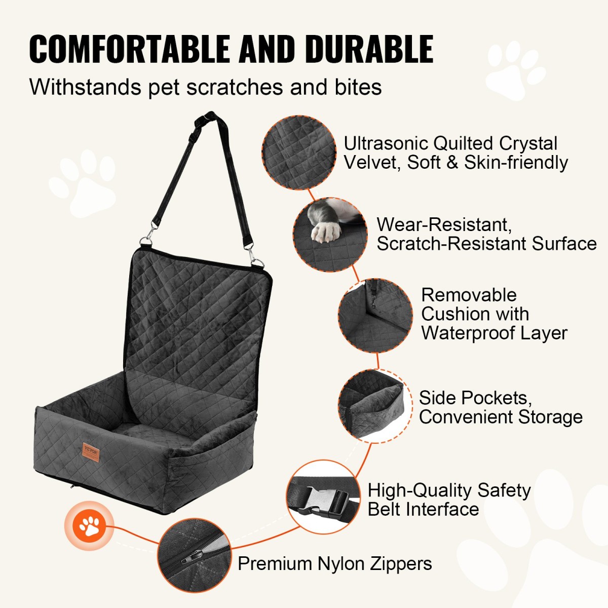 Κάθισμα αυτοκινήτου VEVOR Dog, Dog Booster Seat για αυτοκίνητο με τσέπη αποθήκευσης, λουρί ασφαλείας με κλιπ, γέμιση από σφουγγάρι και PP βαμβακερό, κρεβάτι αυτοκινήτου σκύλου για μικρό και μεσαίο σκύλο έως 40 λίβρες, Μαύρο
