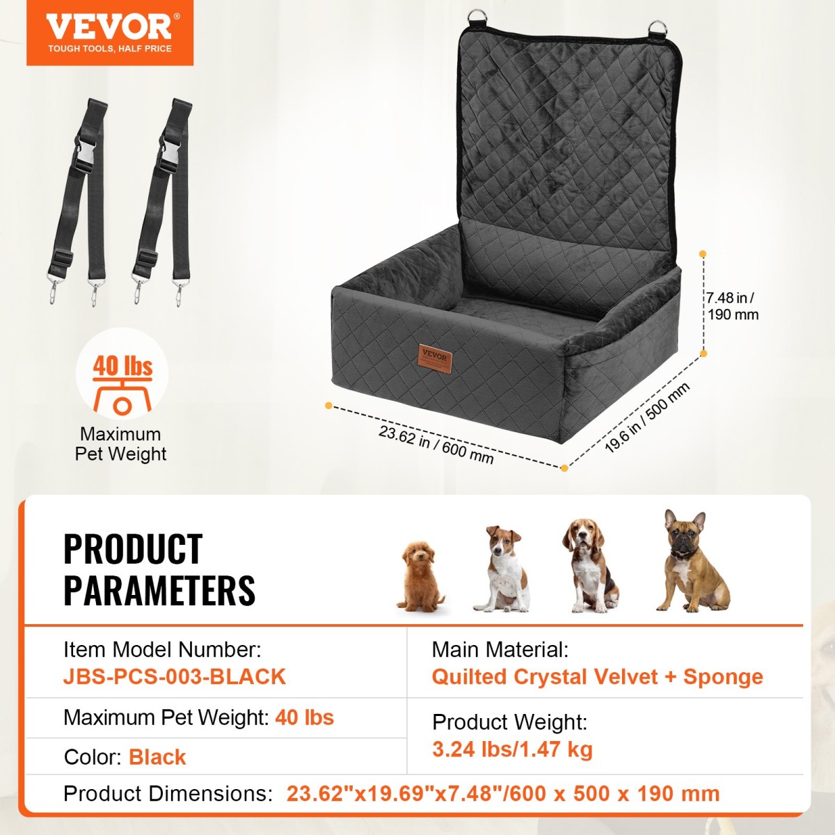 Κάθισμα αυτοκινήτου VEVOR Dog, Dog Booster Seat για αυτοκίνητο με τσέπη αποθήκευσης, λουρί ασφαλείας με κλιπ, γέμιση από σφουγγάρι και PP βαμβακερό, κρεβάτι αυτοκινήτου σκύλου για μικρό και μεσαίο σκύλο έως 40 λίβρες, Μαύρο