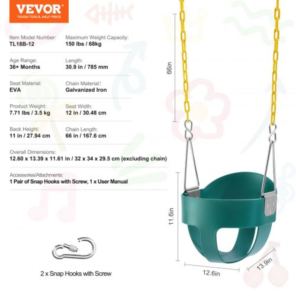 VEVOR Toddler Swing Seat High Back Full Bucket Baby Swing Seat Support 150 lbs