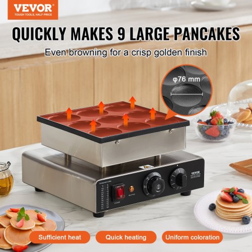 VEVOR Dutch Pancake Maker, 9 ΤΕΜ. 76mm Διάμετρος Dorayaki Baker Machine, 850W Commercial Electric Poffertjes Grill, αντικολλητικό ανοξείδωτο ατσάλι, Temp & Time Control, για κουζίνα στο σπίτι Εστιατόριο Σνακ Μπαρ