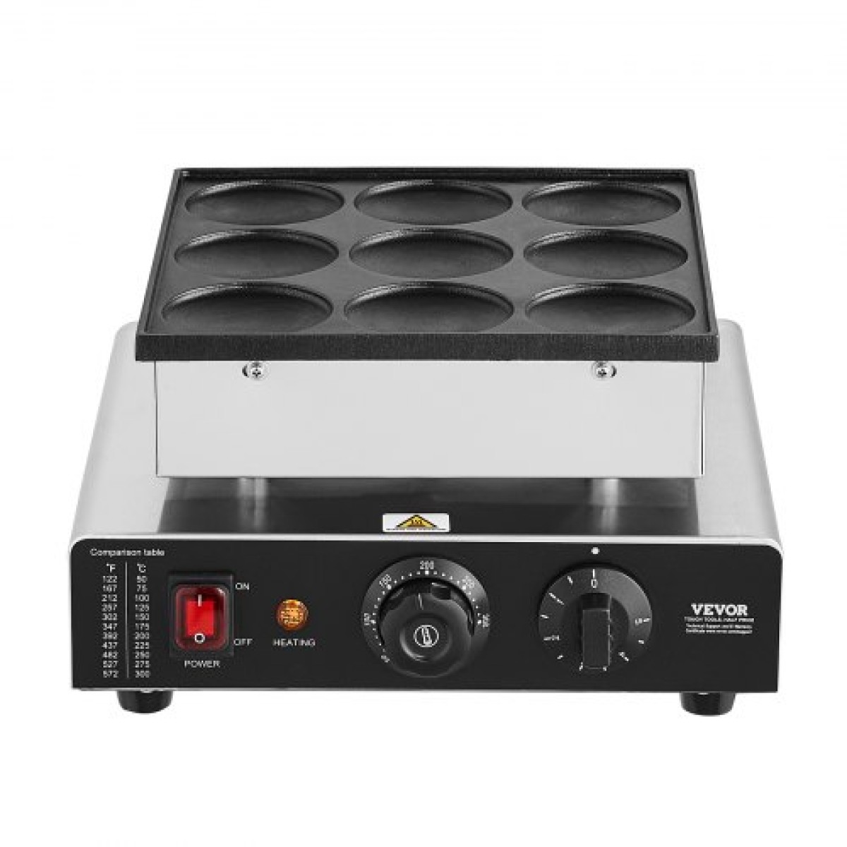 VEVOR Dutch Pancake Maker, 9 ΤΕΜ. 76mm Διάμετρος Dorayaki Baker Machine, 850W Commercial Electric Poffertjes Grill, αντικολλητικό ανοξείδωτο ατσάλι, Temp & Time Control, για κουζίνα στο σπίτι Εστιατόριο Σνακ Μπαρ