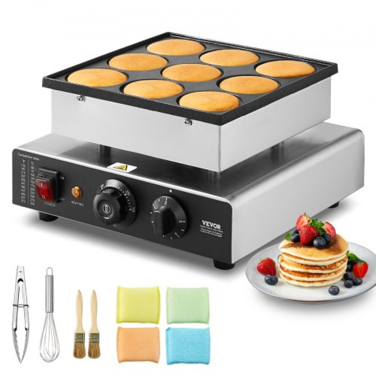 VEVOR Dutch Pancake Maker, 9 ΤΕΜ. 76mm Διάμετρος Dorayaki Baker Machine, 850W Commercial Electric Poffertjes Grill, αντικολλητικό ανοξείδωτο ατσάλι, Temp & Time Control, για κουζίνα στο σπίτι Εστιατόριο Σνακ Μπαρ