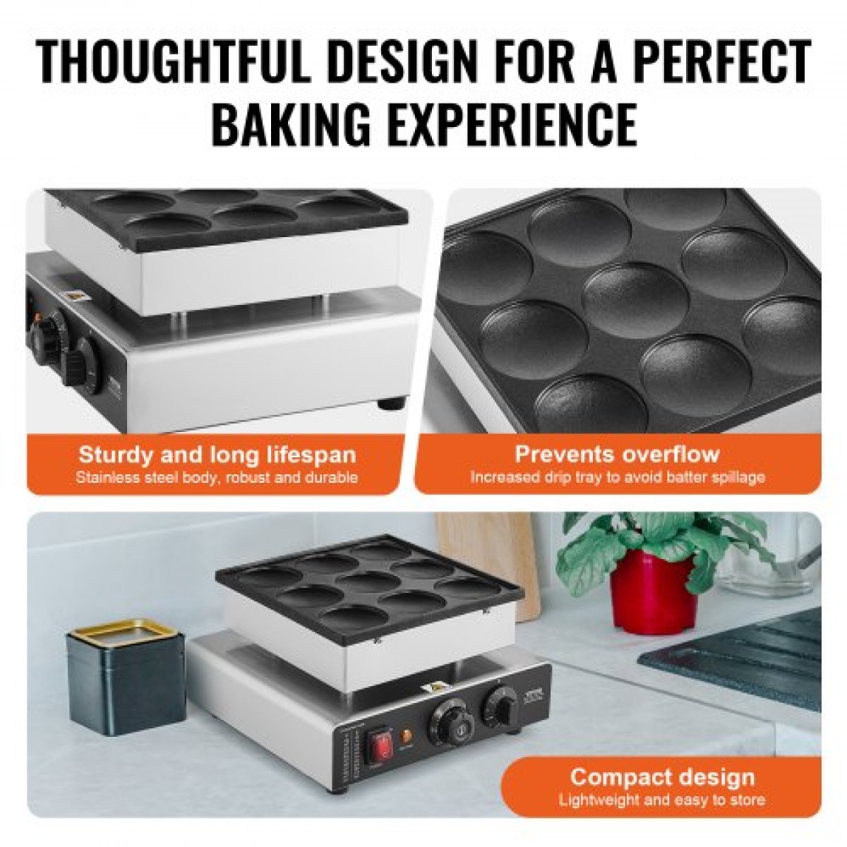 VEVOR Dutch Pancake Maker, 9 ΤΕΜ. 76mm Διάμετρος Dorayaki Baker Machine, 850W Commercial Electric Poffertjes Grill, αντικολλητικό ανοξείδωτο ατσάλι, Temp & Time Control, για κουζίνα στο σπίτι Εστιατόριο Σνακ Μπαρ