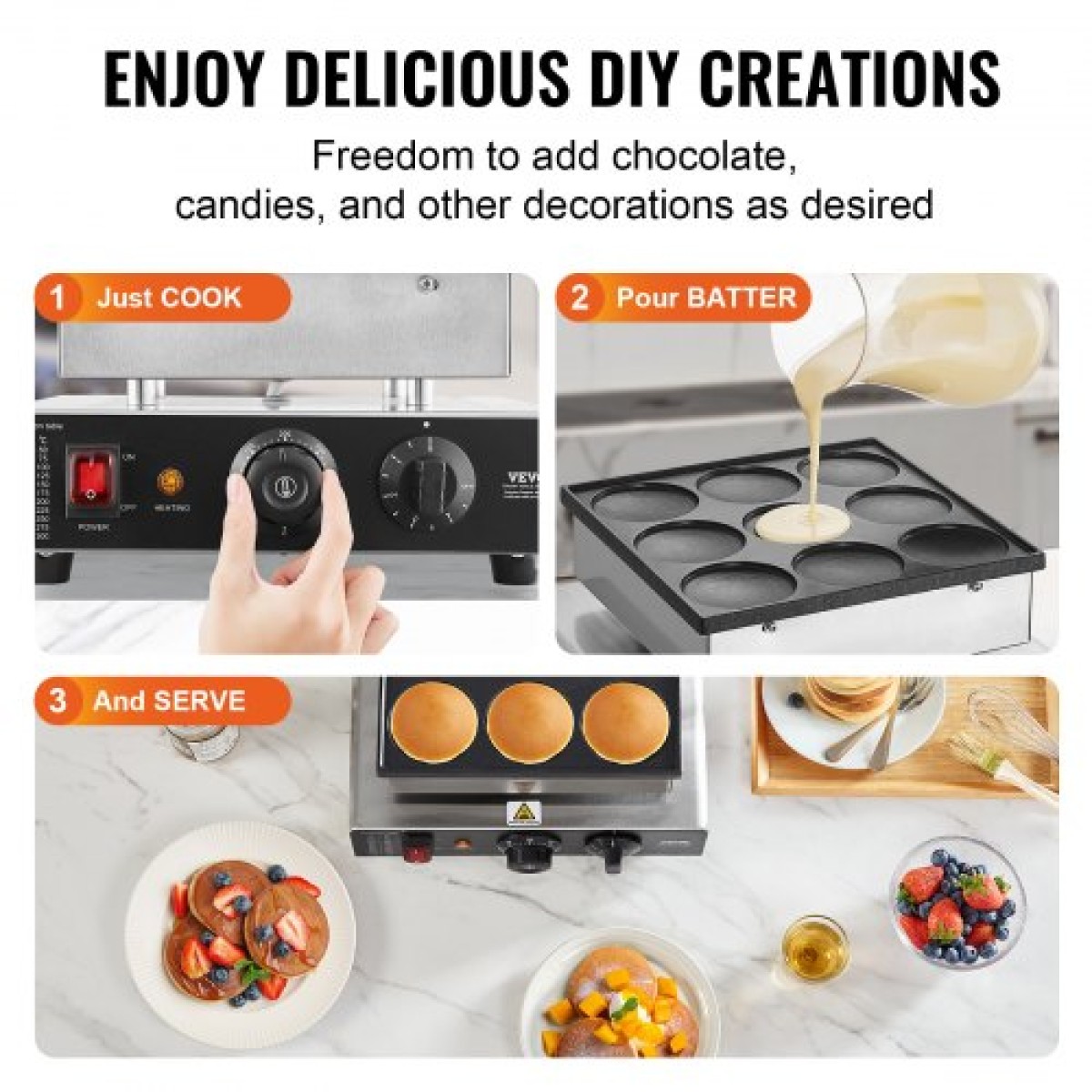 VEVOR Dutch Pancake Maker, 9 ΤΕΜ. 76mm Διάμετρος Dorayaki Baker Machine, 850W Commercial Electric Poffertjes Grill, αντικολλητικό ανοξείδωτο ατσάλι, Temp & Time Control, για κουζίνα στο σπίτι Εστιατόριο Σνακ Μπαρ