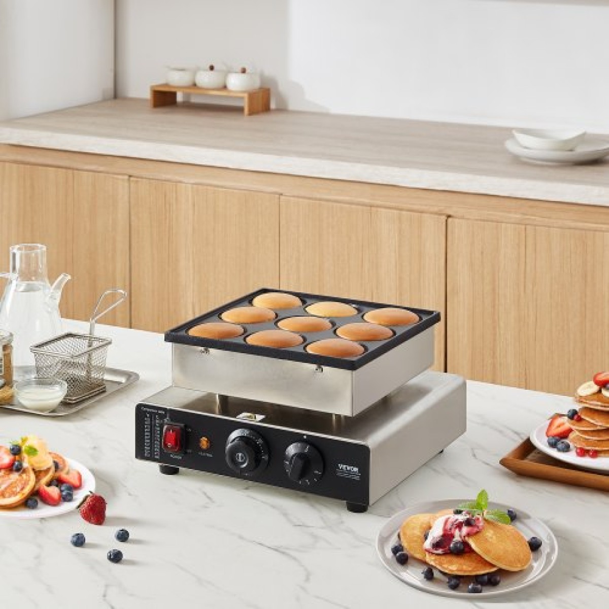 VEVOR Dutch Pancake Maker, 9 ΤΕΜ. 76mm Διάμετρος Dorayaki Baker Machine, 850W Commercial Electric Poffertjes Grill, αντικολλητικό ανοξείδωτο ατσάλι, Temp & Time Control, για κουζίνα στο σπίτι Εστιατόριο Σνακ Μπαρ