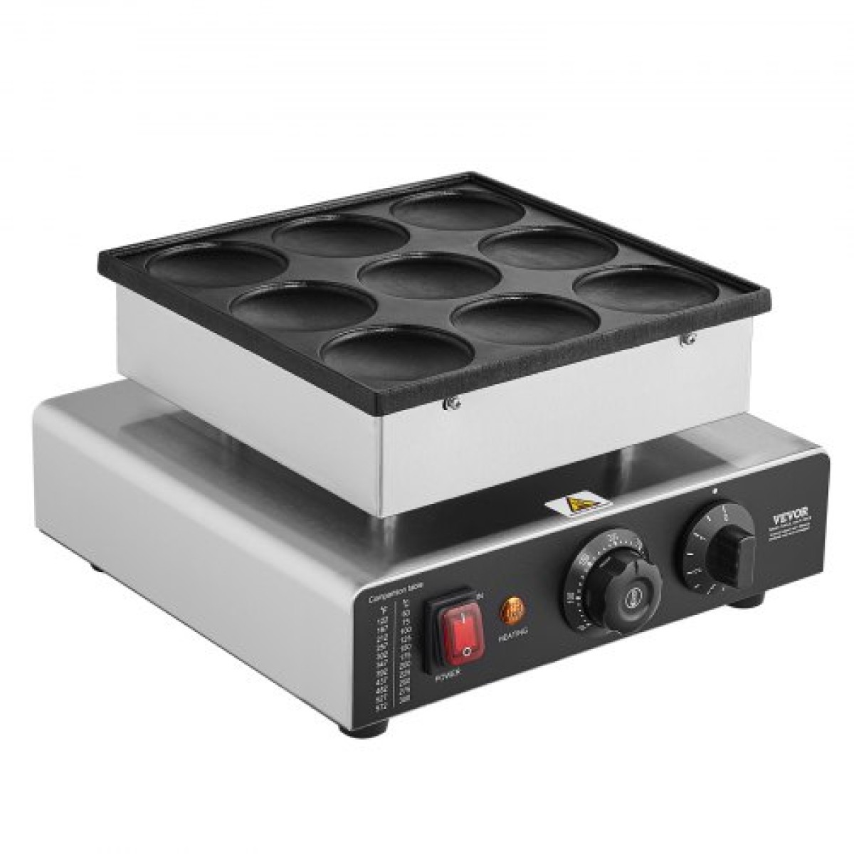 VEVOR Dutch Pancake Maker, 9 ΤΕΜ. 76mm Διάμετρος Dorayaki Baker Machine, 850W Commercial Electric Poffertjes Grill, αντικολλητικό ανοξείδωτο ατσάλι, Temp & Time Control, για κουζίνα στο σπίτι Εστιατόριο Σνακ Μπαρ