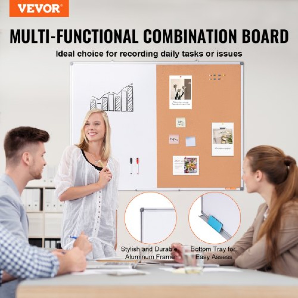 VEVOR 48"x 36" Whiteboard & Cork Combo με πλαίσιο αλουμινίου – Μαγνητικός πίνακας ανακοινώσεων 2 σε 1 Dry Dry Erase για βάση τοίχου – Ιδανικό για σχολείο, σπίτι, γραφείο