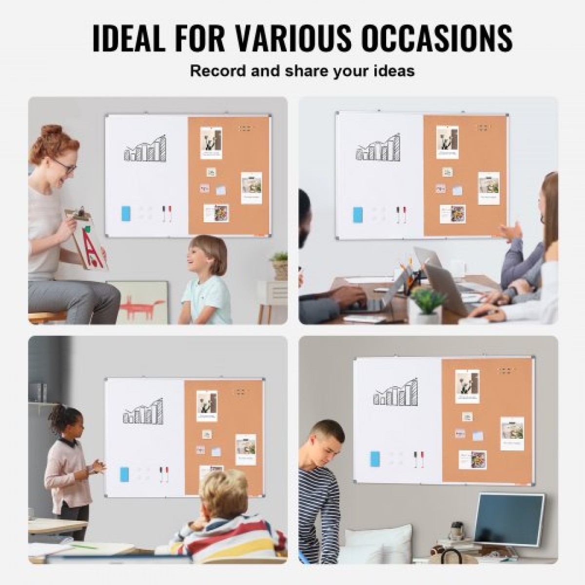 VEVOR 48"x 36" Whiteboard & Cork Combo με πλαίσιο αλουμινίου – Μαγνητικός πίνακας ανακοινώσεων 2 σε 1 Dry Dry Erase για βάση τοίχου – Ιδανικό για σχολείο, σπίτι, γραφείο