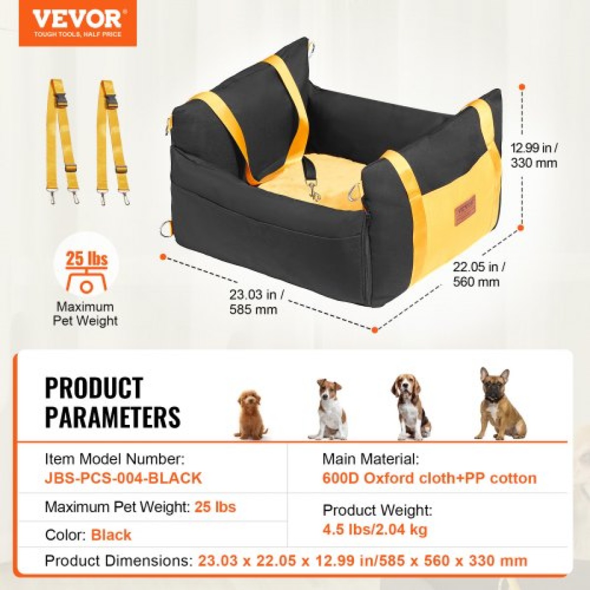 Κάθισμα αυτοκινήτου VEVOR Dog, Αδιάβροχο Booster Κάθισμα για Αυτοκίνητο με Πλαϊνά Χερούλια και Αποθηκευτική Τσέπη, Λουρί ασφαλείας με κλιπ και γέμιση από βαμβάκι PP, Κρεβάτι αυτοκινήτου σκύλου για μικρό σκύλο έως 25 κιλά, Μαύρο
