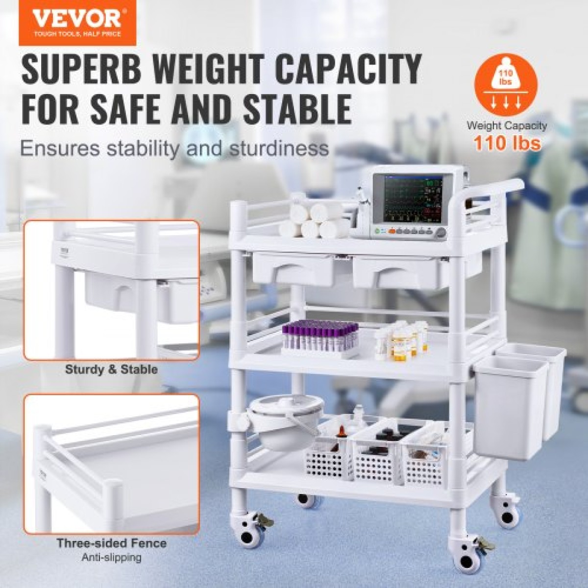 VEVOR 3 Tiers Lab Carts, Lab Utility Cart με 3 Trays & 4 Silent Wheels, Mobile Medical Cart with PP Material, Lab Rolling Cart with 3 Trash Cans for Lab, Clinic, Hospital, Salon, White