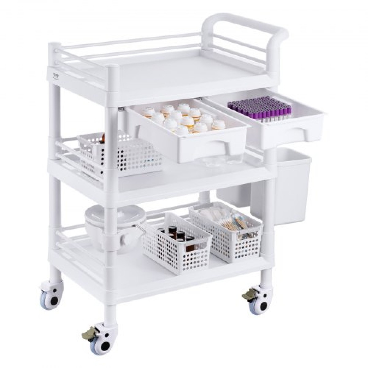VEVOR 3 Tiers Lab Carts, Lab Utility Cart με 3 Trays & 4 Silent Wheels, Mobile Medical Cart with PP Material, Lab Rolling Cart with 3 Trash Cans for Lab, Clinic, Hospital, Salon, White