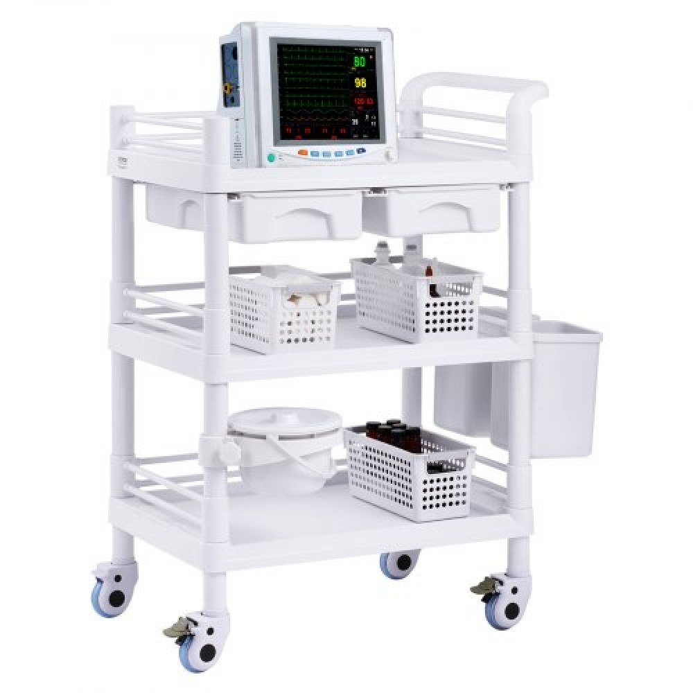 VEVOR 3 Tiers Lab Carts, Lab Utility Cart με 3 Trays & 4 Silent Wheels, Mobile Medical Cart with PP Material, Lab Rolling Cart with 3 Trash Cans for Lab, Clinic, Hospital, Salon, White
