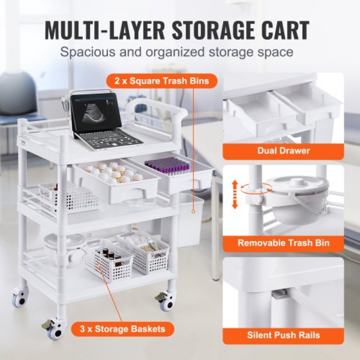 VEVOR 3 Tiers Lab Carts, Lab Utility Cart με 3 Trays & 4 Silent Wheels, Mobile Medical Cart with PP Material, Lab Rolling Cart with 3 Trash Cans for Lab, Clinic, Hospital, Salon, White