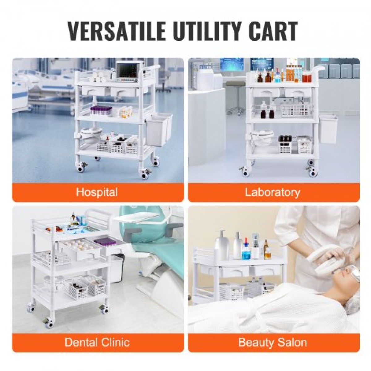 VEVOR 3 Tiers Lab Carts, Lab Utility Cart με 3 Trays & 4 Silent Wheels, Mobile Medical Cart with PP Material, Lab Rolling Cart with 3 Trash Cans for Lab, Clinic, Hospital, Salon, White
