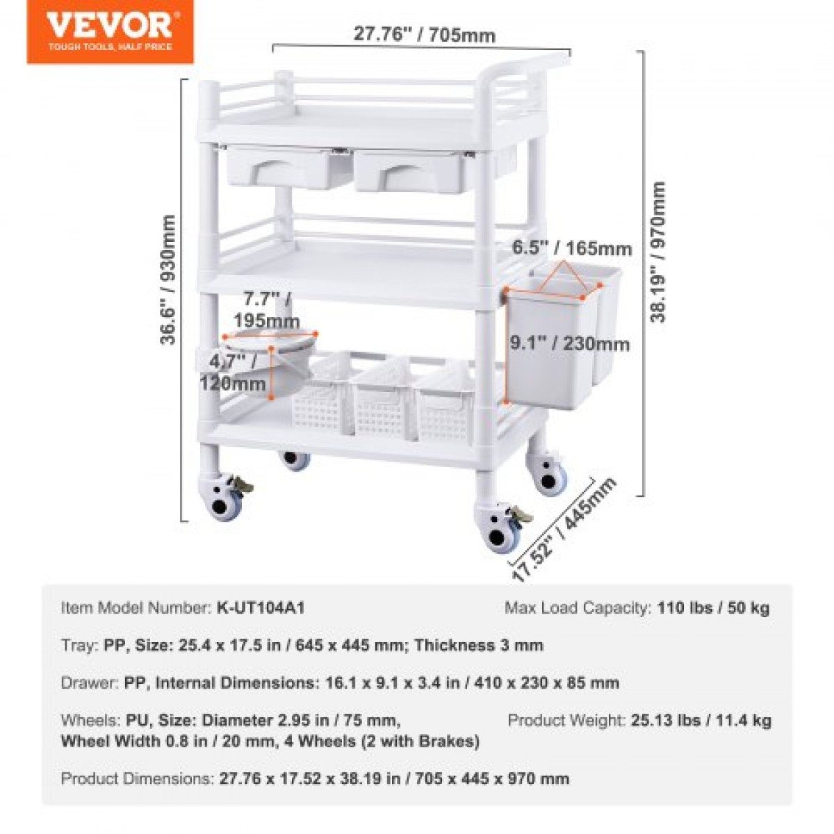 VEVOR 3 Tiers Lab Carts, Lab Utility Cart με 3 Trays & 4 Silent Wheels, Mobile Medical Cart with PP Material, Lab Rolling Cart with 3 Trash Cans for Lab, Clinic, Hospital, Salon, White