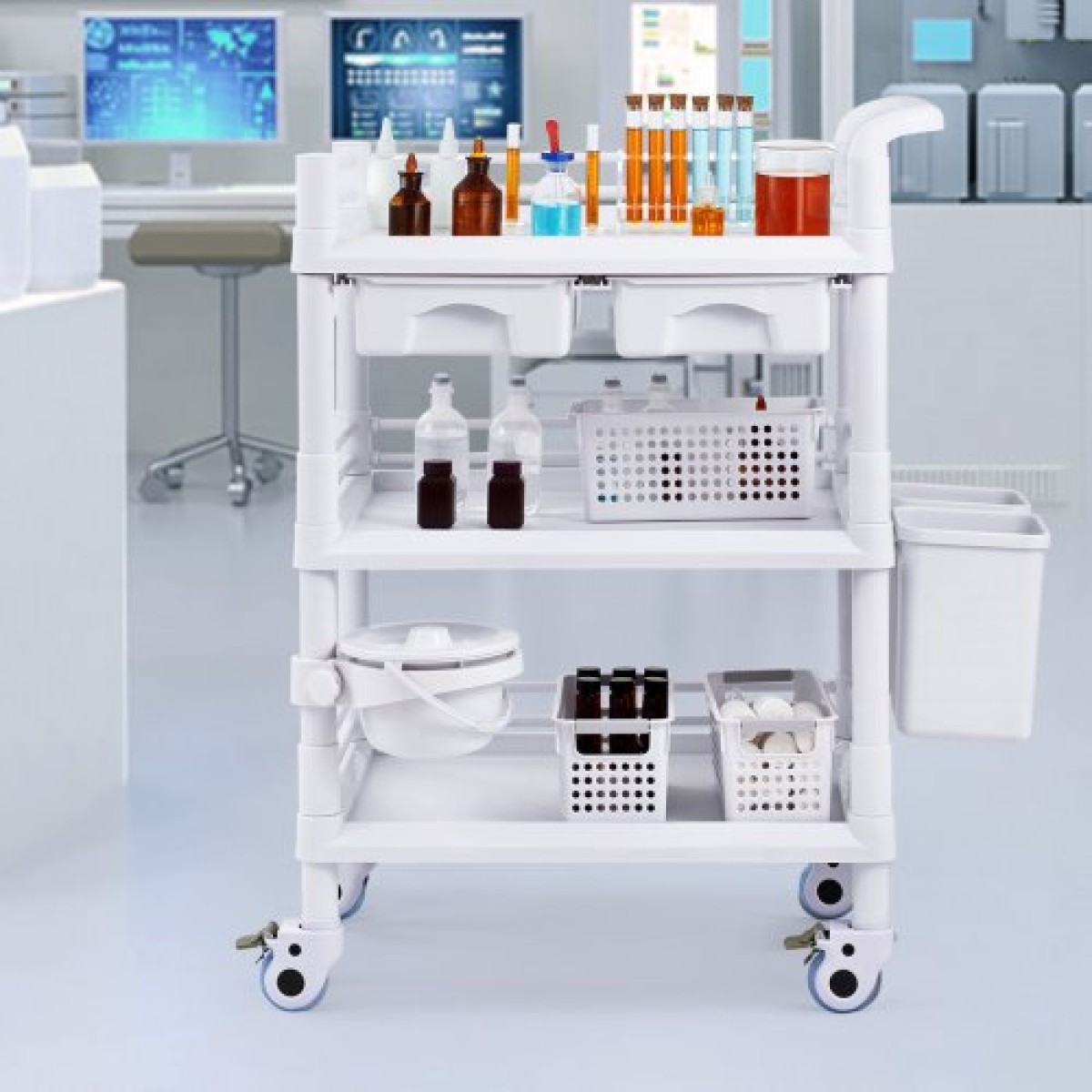 VEVOR 3 Tiers Lab Carts, Lab Utility Cart με 3 Trays & 4 Silent Wheels, Mobile Medical Cart with PP Material, Lab Rolling Cart with 3 Trash Cans for Lab, Clinic, Hospital, Salon, White