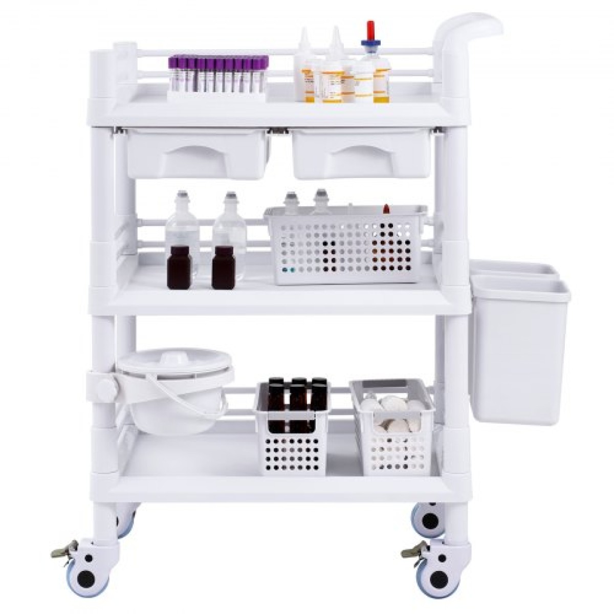 VEVOR 3 Tiers Lab Carts, Lab Utility Cart με 3 Trays & 4 Silent Wheels, Mobile Medical Cart with PP Material, Lab Rolling Cart with 3 Trash Cans for Lab, Clinic, Hospital, Salon, White