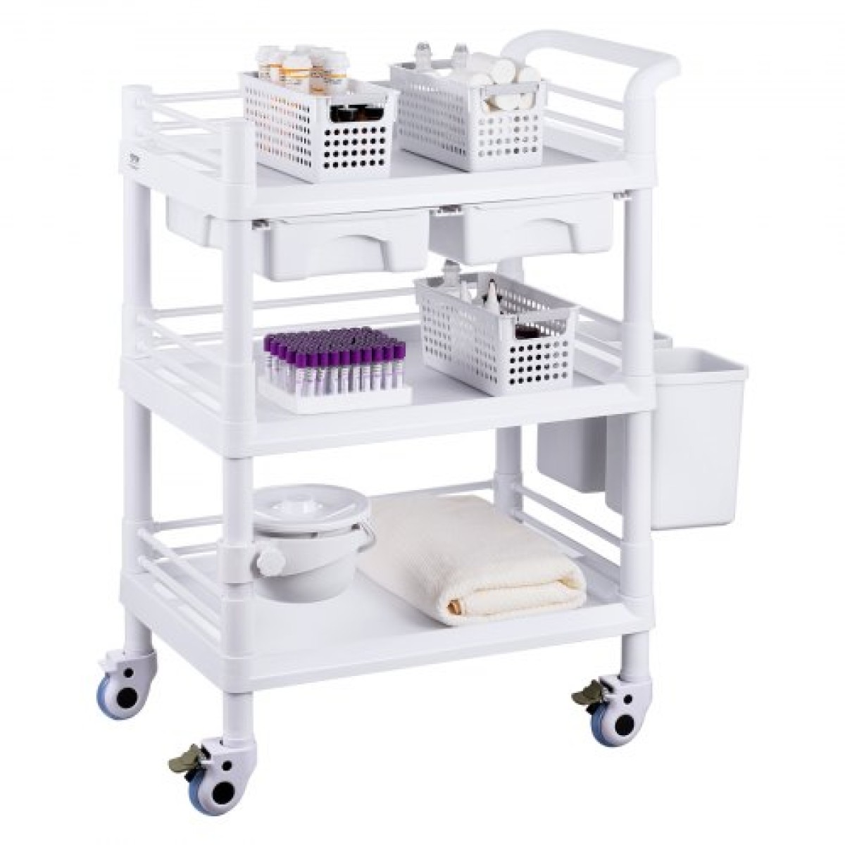 VEVOR 3 Tiers Lab Carts, Lab Utility Cart με 3 Trays & 4 Silent Wheels, Mobile Medical Cart with PP Material, Lab Rolling Cart with 3 Trash Cans for Lab, Clinic, Hospital, Salon, White