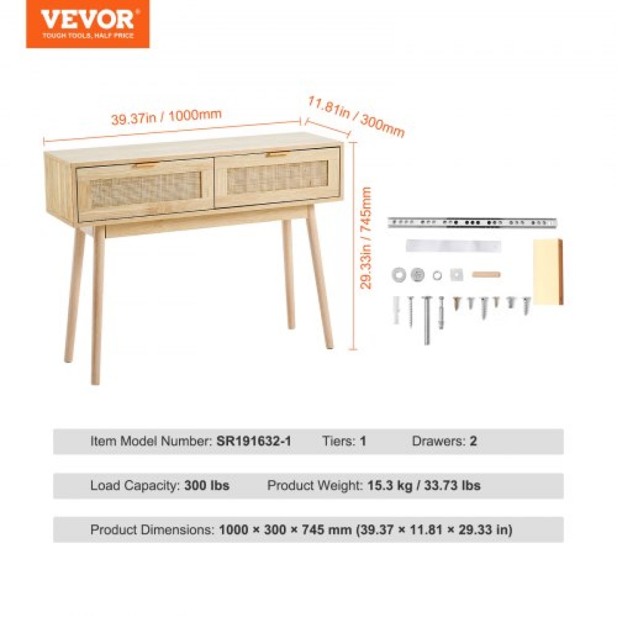 Τραπέζι κονσόλας VEVOR Rattan με 2 συρτάρια αποθήκευσης, Τραπέζι εισόδου Rattan με συρόμενη πόρτα από φυσικό Rattan, Τραπέζι καναπέ κονσόλας για σαλόνι, μελέτη, είσοδο ή τοίχο τηλεόρασης, φυσικό