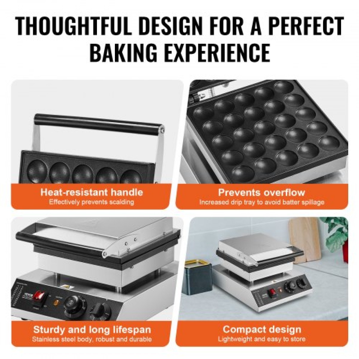 VEVOR Mini Dutch Pancake Maker, 25 ΤΕΜ. 43mm Διάμετρος Dorayaki Baker Machine, 1700W Εμπορική Ηλεκτρική Γκριλ Poffertjes, Αντικολλητικό Ανοξείδωτο Ατσάλι, Temp & Time Control, για οικιακή κουζίνα Εστιατόριο