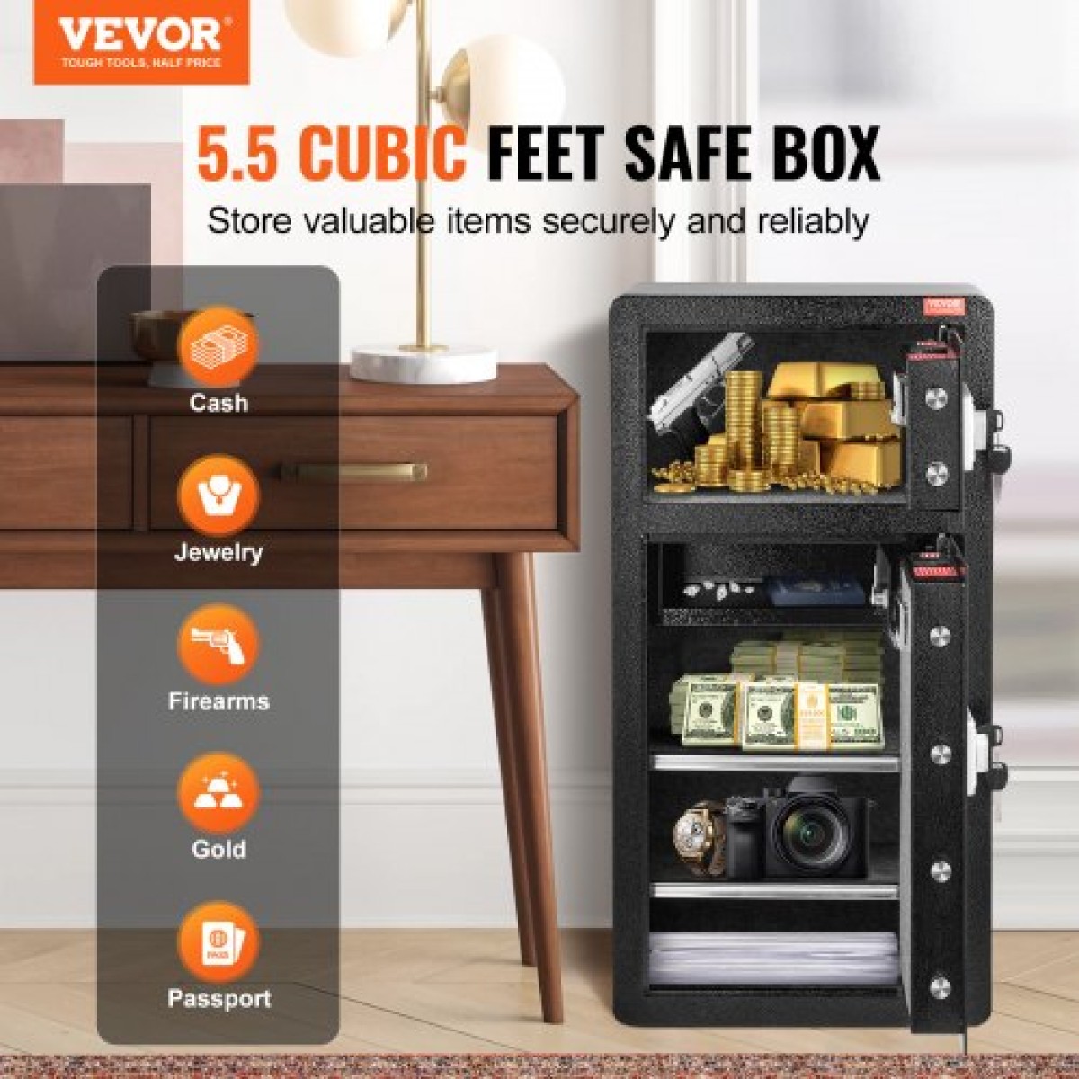 VEVOR Double Doors 5,5 cu.ft Χρηματοκιβώτιο με κλειδαριά & κωδικό πρόσβασης, Θυρίδα ασφαλείας με πυρίμαχη τσάντα, ράφι για μπρελόκ, φως LED, 2 ρυθμιζόμενο ύψος και αφαιρούμενο διαχωριστικό και 1 ντουλάπι για χρήματα, έγγραφα, κοσμήματα και αντικείμενα