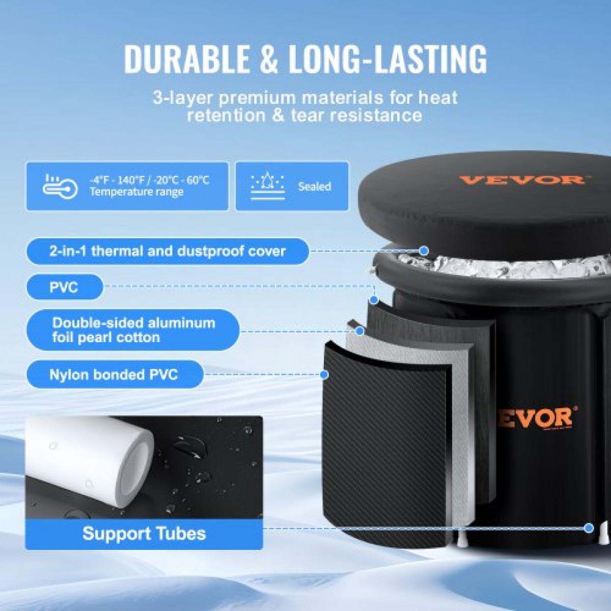 VEVOR Ice Bath Bath, 90 cm Long Cold Water Therapy Plunge Bath for Athletes, Φορητή εξωτερική πισίνα με βαρέλι πάγου για ανάκτηση, φουσκωτή πτυσσόμενη μπανιέρα 370L με κάλυμμα, παγοθήκη σπιτιού για ενήλικες