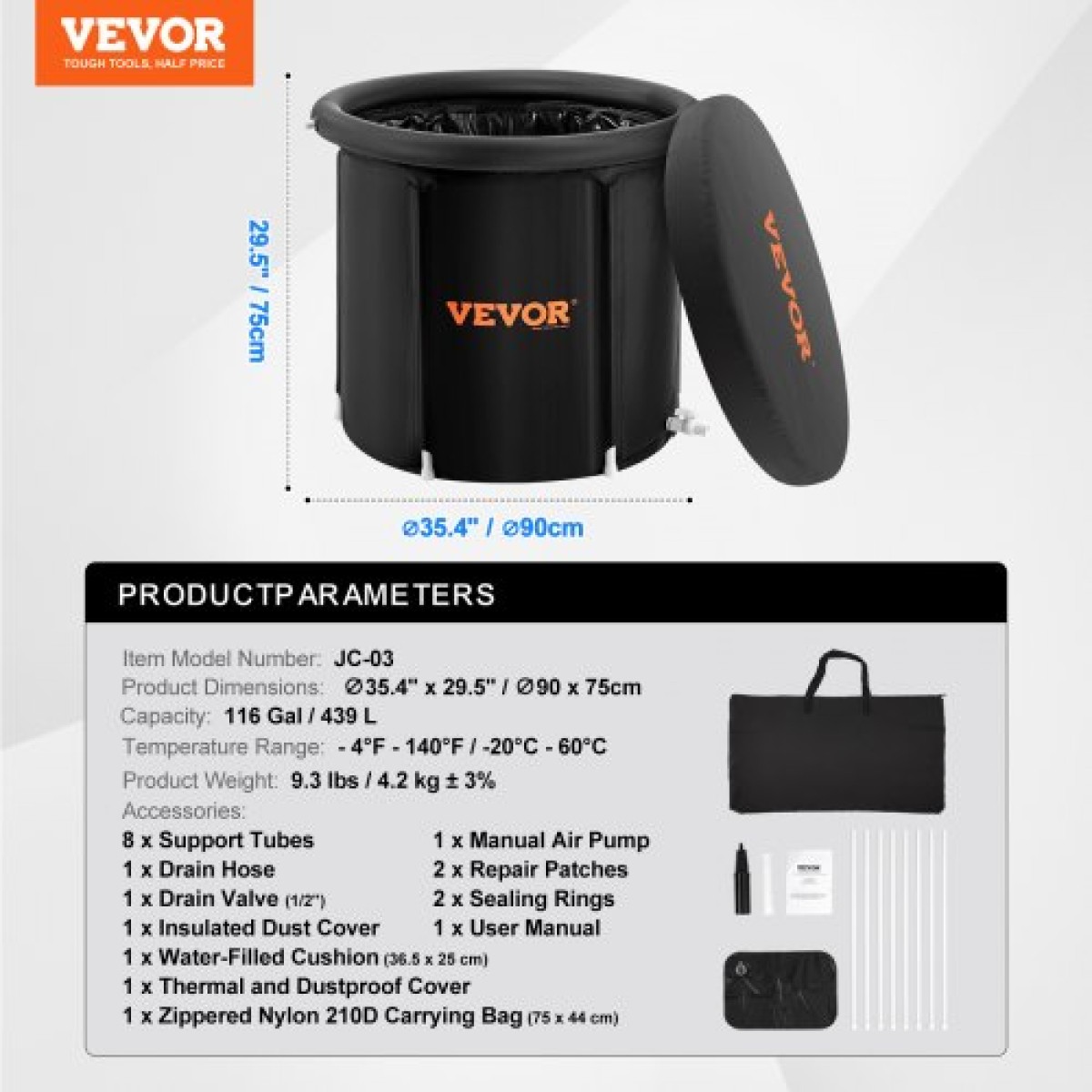 VEVOR Ice Bath Bath, 90 cm Long Cold Water Therapy Plunge Bath for Athletes, Φορητή εξωτερική πισίνα με βαρέλι πάγου για ανάκτηση, φουσκωτή πτυσσόμενη μπανιέρα 370L με κάλυμμα, παγοθήκη σπιτιού για ενήλικες