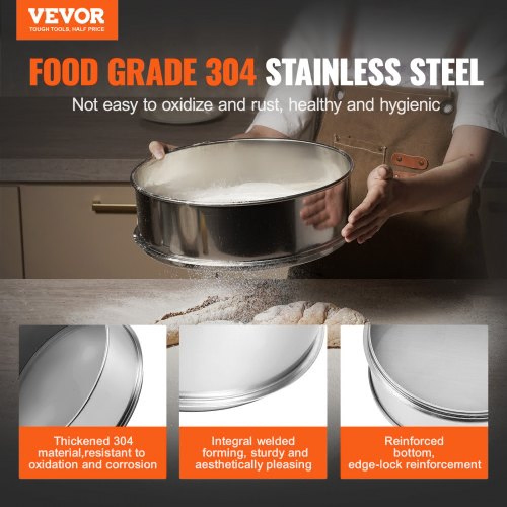 VEVOR Fine Mesh Sieve Flour, 40 Mesh Flour Sifter, 304 Stainless Steel Fine Mesh Sifter Food-grade, Dia.Διχτυωτές 12,6" για ψήσιμο, Διχτυωτή τρύπα 5 μεγεθών για Mungbean, ρύζι, αλεύρι, μαργαριτάρι σε σκόνη