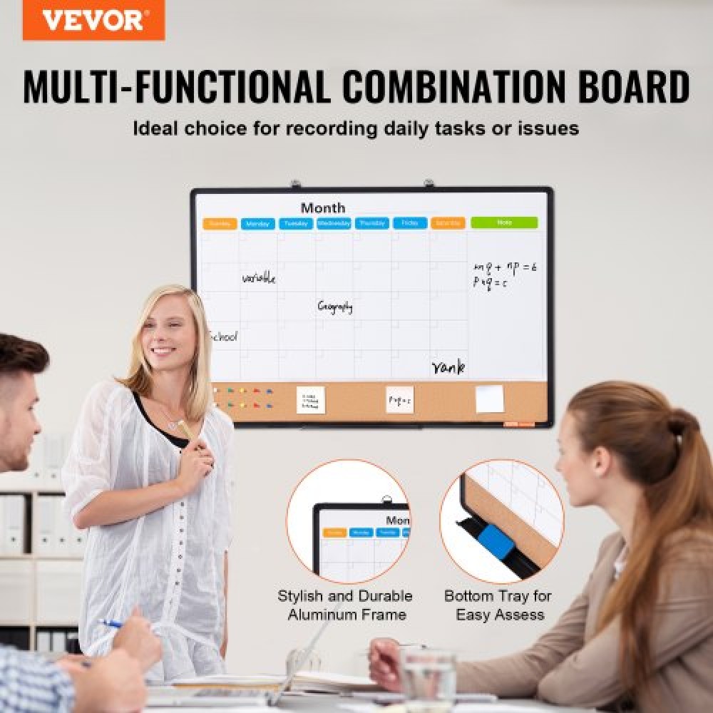 VEVOR 36"x 24" Μηνιαίο ημερολόγιο Whiteboard & Cork Combo με πλαίσιο αλουμινίου – Πίνακας ανακοινώσεων με μαγνητική ξηρή διαγραφή 2-σε-1 για βάση τοίχου – Ιδανικό για σχολείο, σπίτι, γραφείο