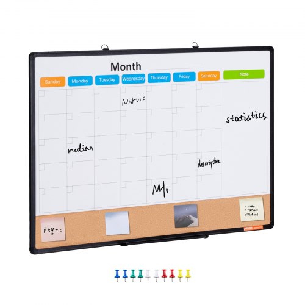 VEVOR 36"x 24" Μηνιαίο ημερολόγιο Whiteboard & Cork Combo με πλαίσιο αλουμινίου – Πίνακας ανακοινώσεων με μαγνητική ξηρή διαγραφή 2-σε-1 για βάση τοίχου – Ιδανικό για σχολείο, σπίτι, γραφείο